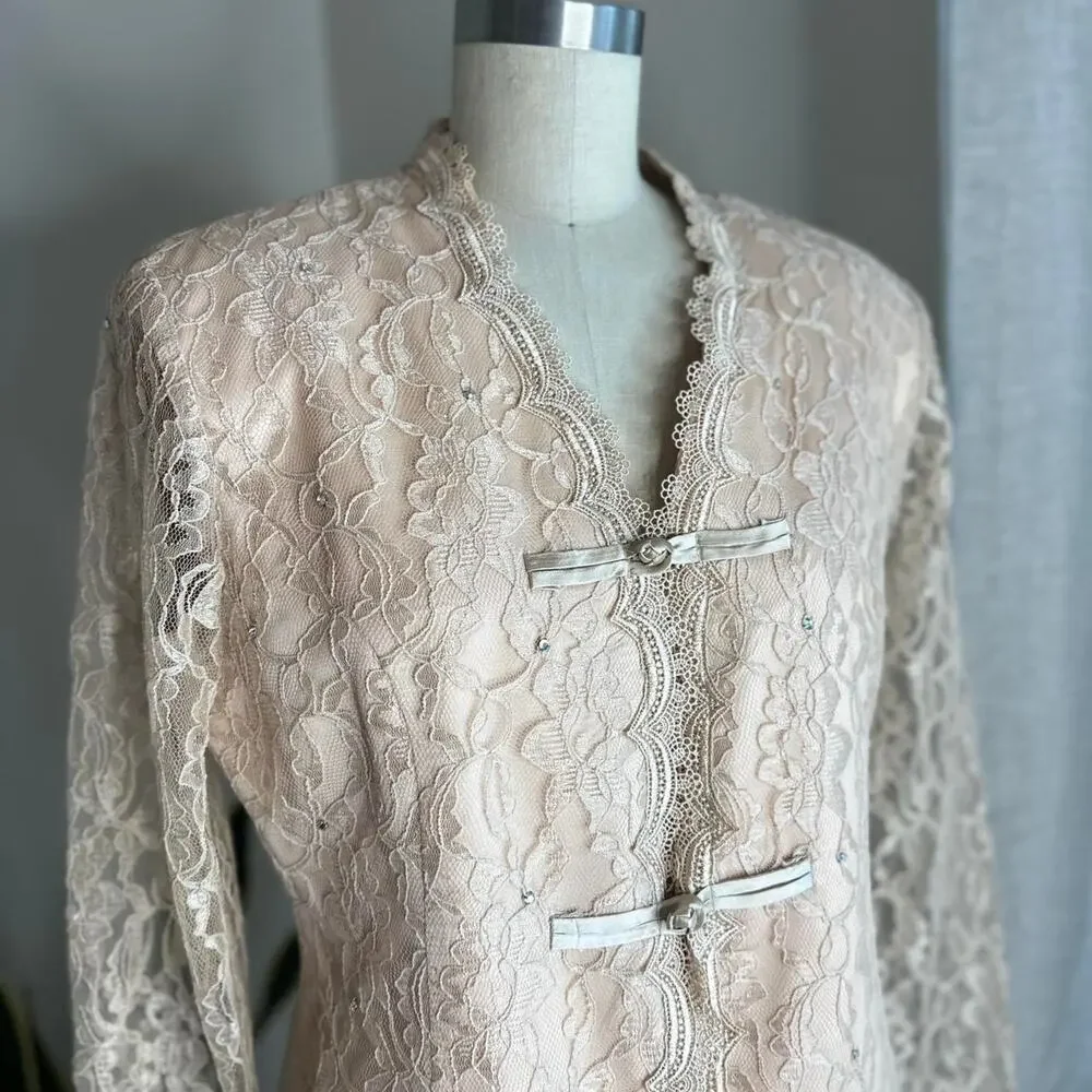 Nicole Paris Women’s Size 10 Skirt Suit Blush Lace Overlay Satin Trim Elegant